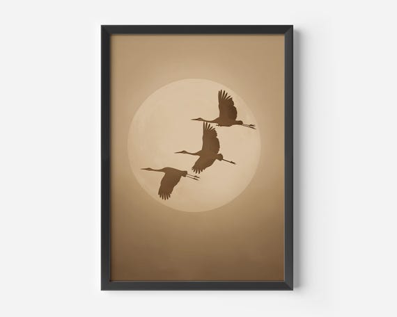 Scandi Decoration Wall Poster Zen Crane Artwork Flight In Beige Tones Bohemian Birds Illustration Home Decor For Living Room Hallway Office