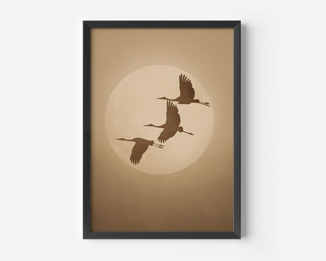 Cranes Flying Across Full Moon Warm Sepia Silhouette Art Print