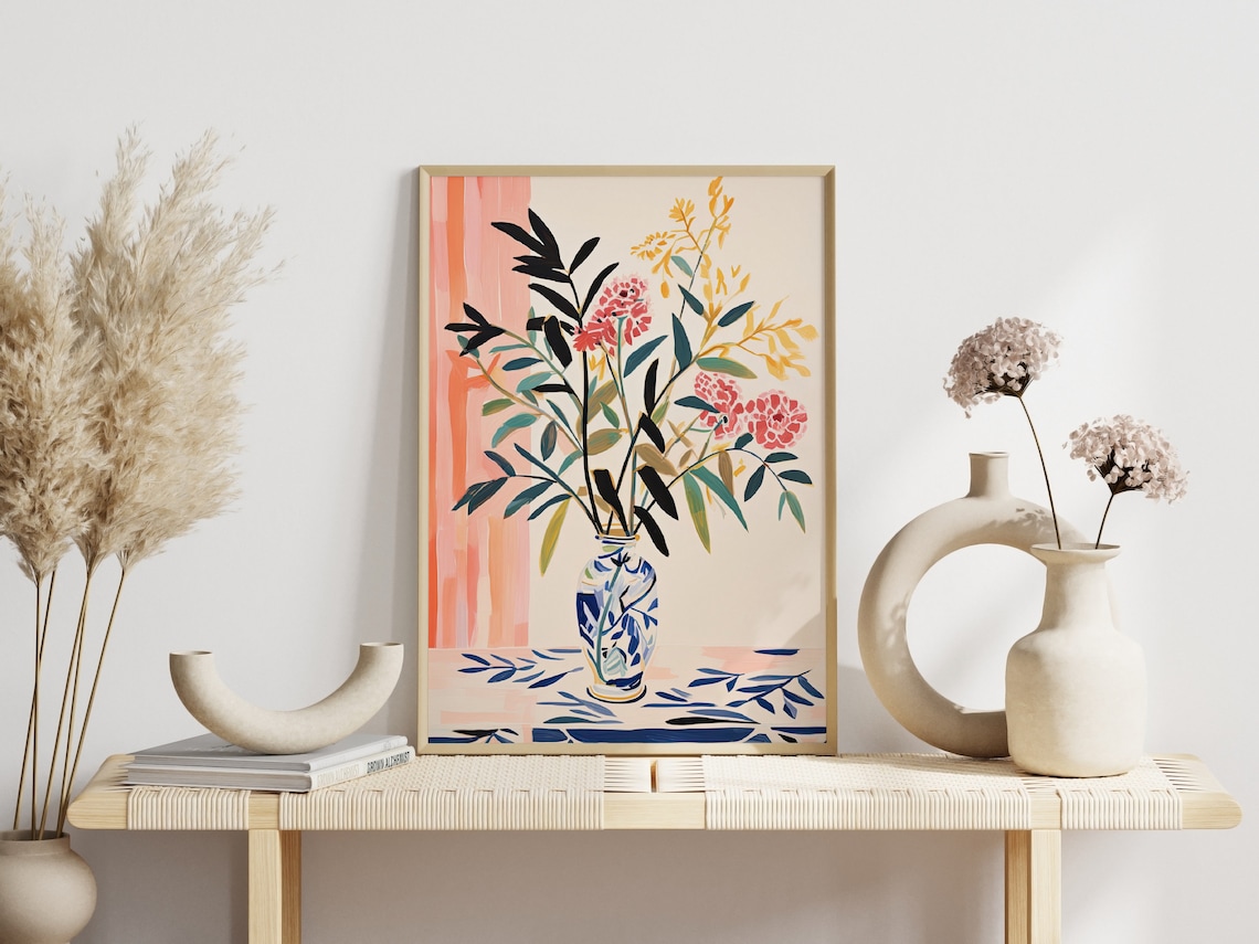 Scandi Flower Vase Illustration, Boho Floral Art Print