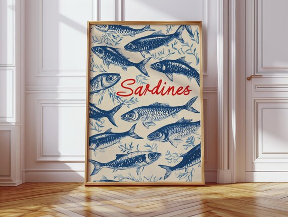 Kitchen Decoration Maritime Vintage Fish Poster Blue Sardines Illustration Retro Scandinavian Wall Art Dining Room Office Canvas Look