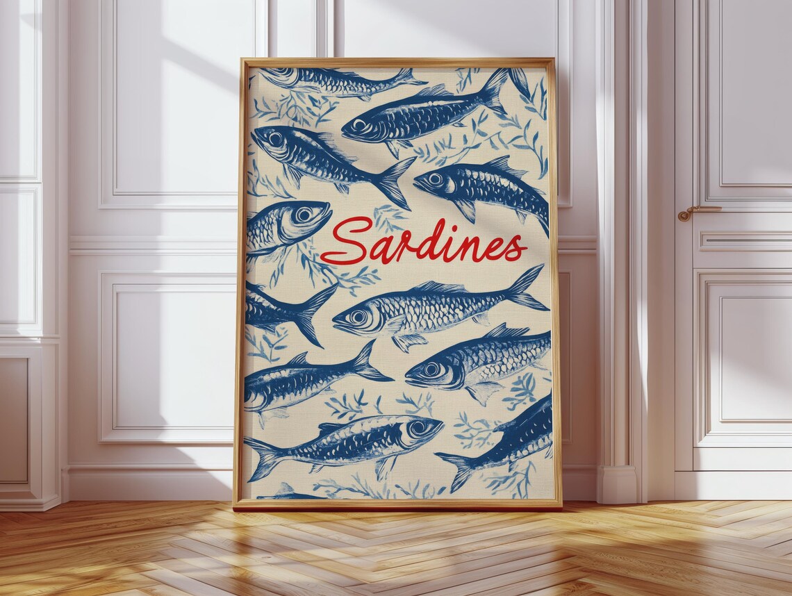 Blue Sardines Retro Maritime Fish Kitchen Scandinavian Design Print