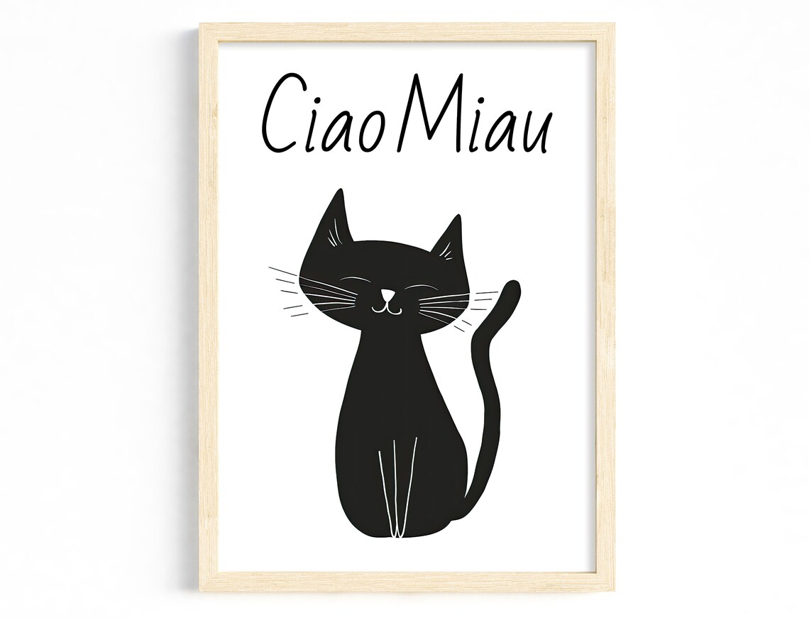 Ciao Miau Cute Smiling Black Cat Minimalist Kids Room Art Poster
