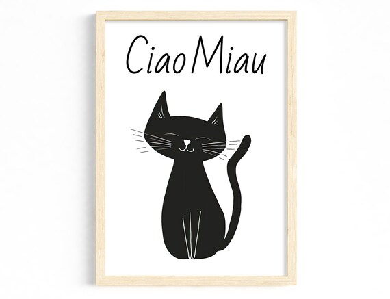 Ciao Miau Cute Smiling Black Cat Minimalist Kids Room Art Poster