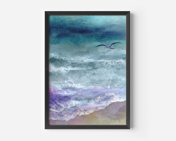 Seagull Over Ocean Waves Watercolor Abstract Coastal Art Poster
