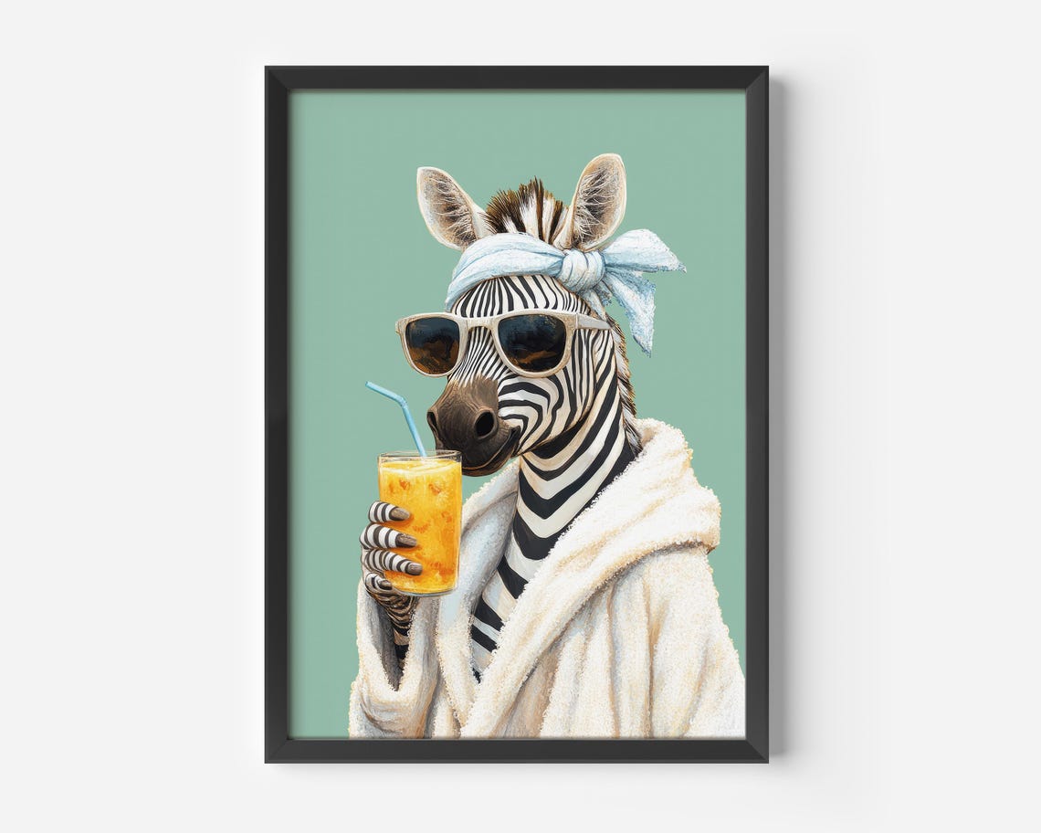 Zebra in Bathrobe Sunglasses Sipping Orange Juice Funny Animal Poster