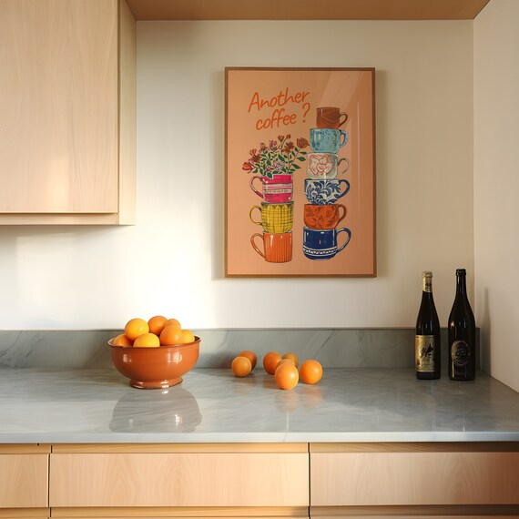 Another Coffee Question Poster with Stacked Colorful Mugs Kitchen Decor