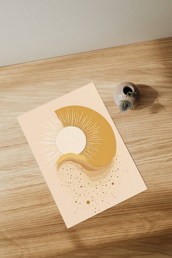 Modern Living Room Decor Abstract Sun Design Poster Golden Rays Art Print Pastel Tones Wall Office Hallway
