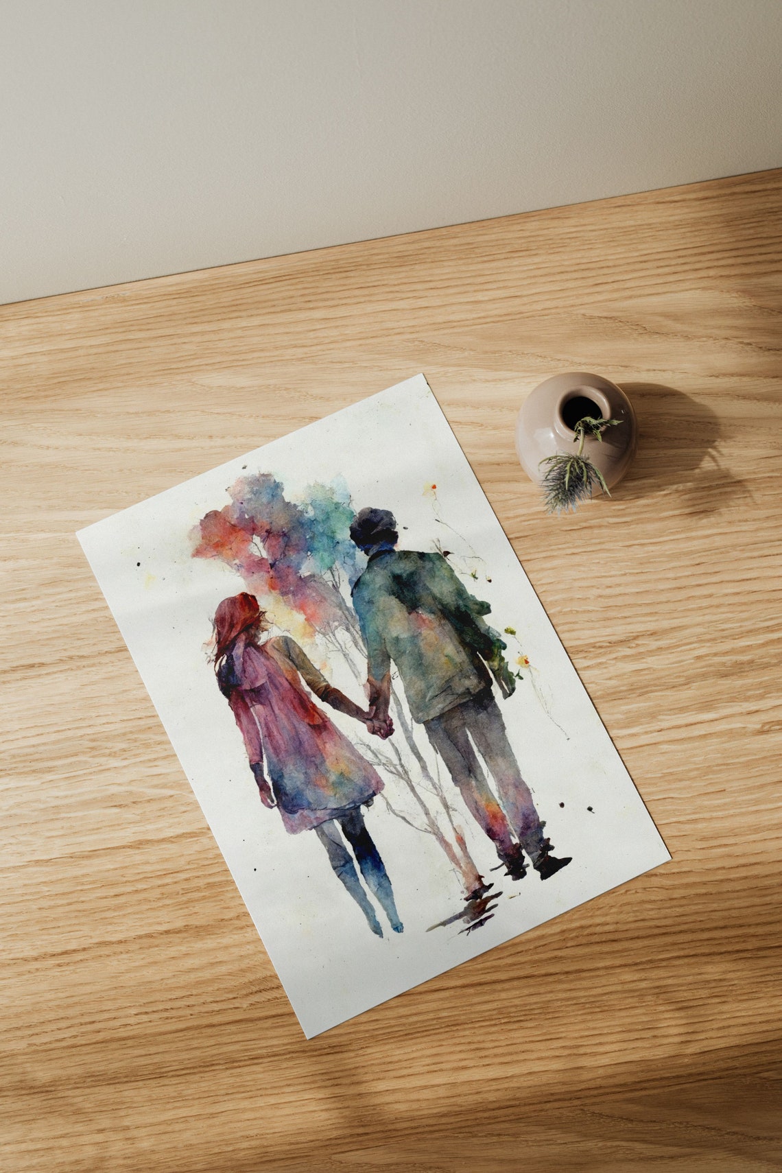 Romantic Couple Walking Hand in Hand Watercolor Autumn Art Poster