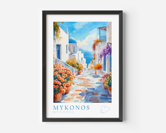 Mykonos Poster Greece Art Mediterranean Wall With Sea View Summery Cityscape Watercolor Holiday Feeling For Your Home