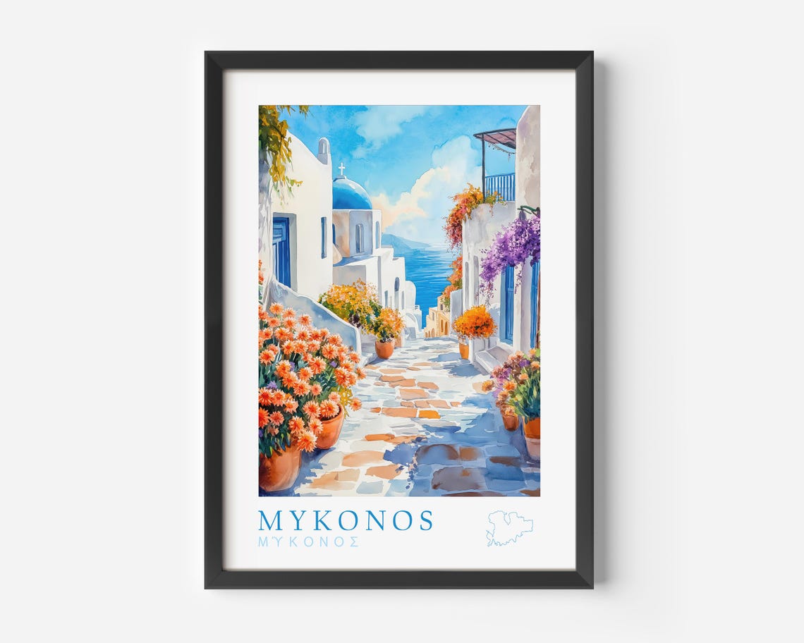 Mykonos Greece Watercolor Travel Poster With Whitewashed Flower Alley