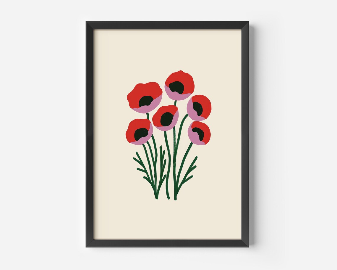 Red Scandinavian Poppy Flowers Minimalist Modern Floral Poster