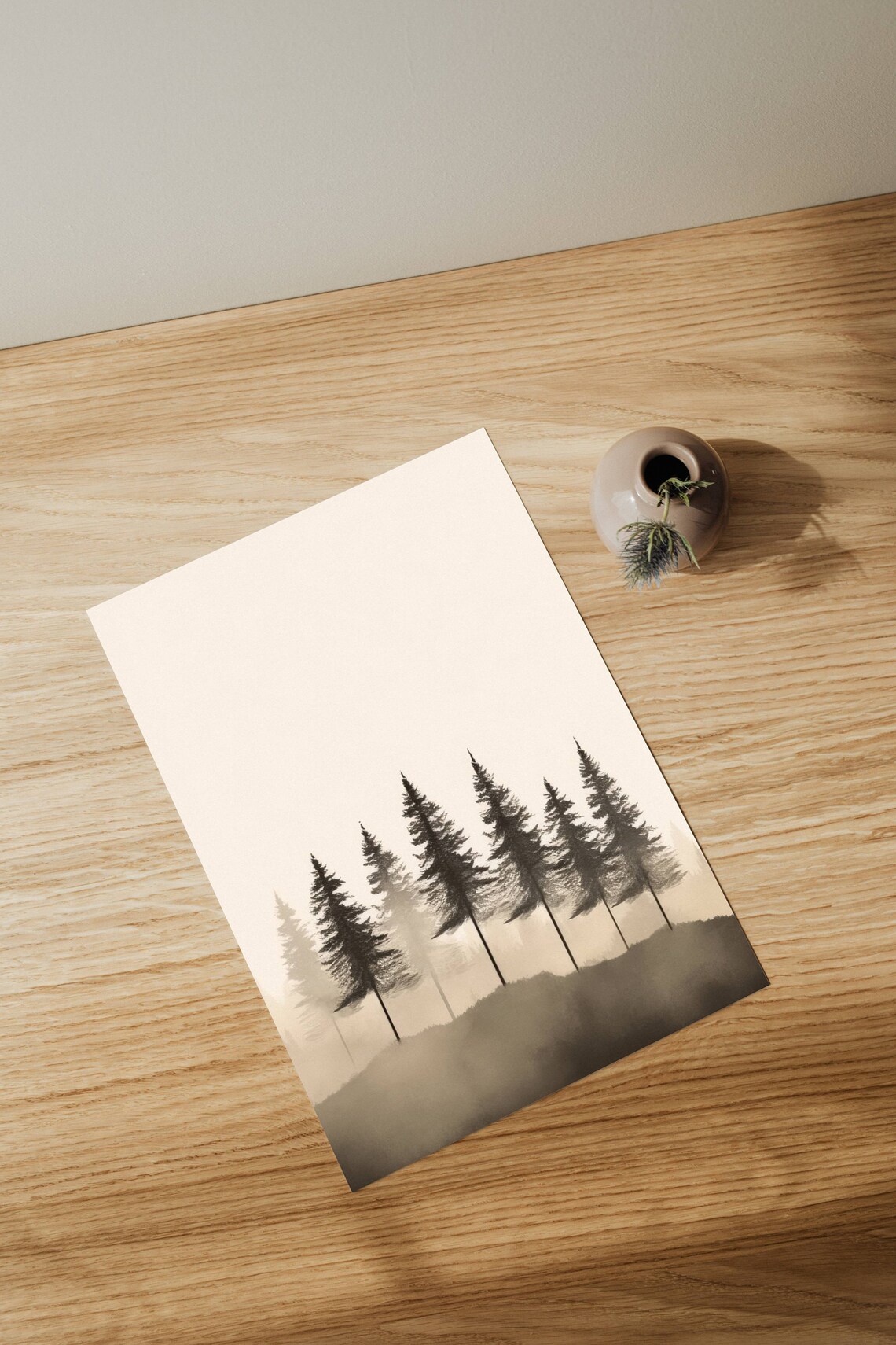 Fog Pine Forest Landscape Poster, Minimalist Scandi
