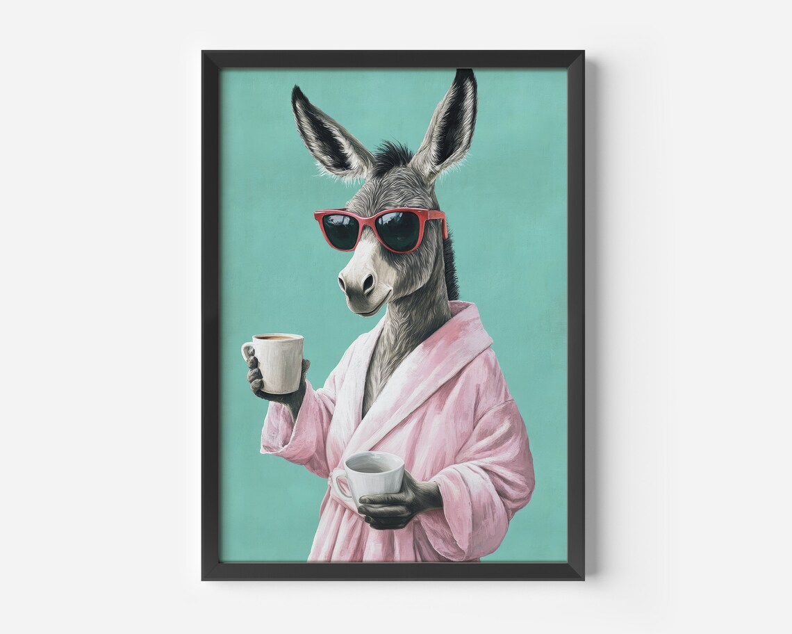 Funny Donkey With Coffee, Humorous Kitchen Art Print