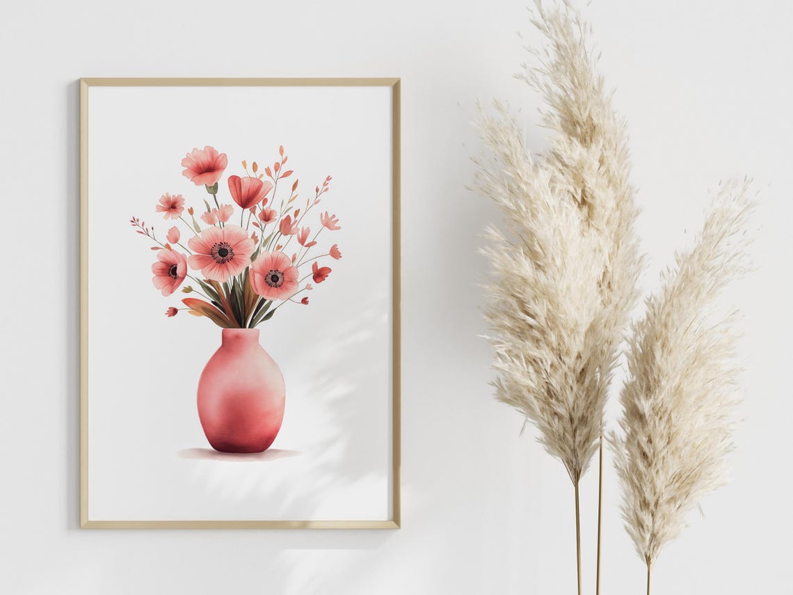 Pink Poppies In Blush Vase Watercolor Floral Illustration Poster