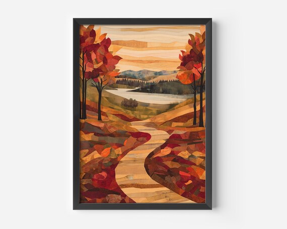 Autumn Valley Mosaic Landscape Warm Rustic Woodland Art Poster