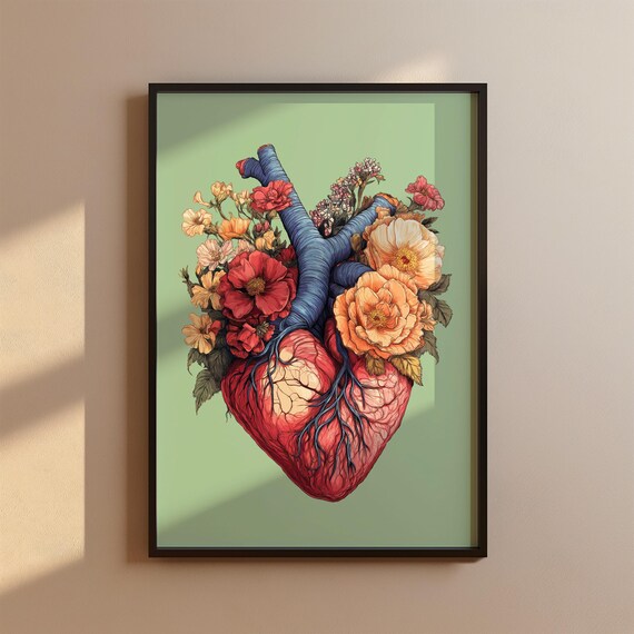 Modern Living Room Decor Anatomical Heart Poster Floral Art Print With Bold Colors Stylish Illustration Flowers Green Wall