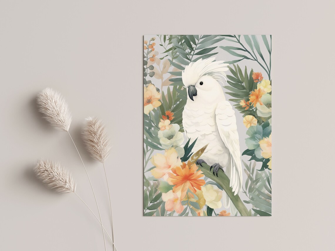 Boho Tropical Cockatoo Art Print, Living Room Decor