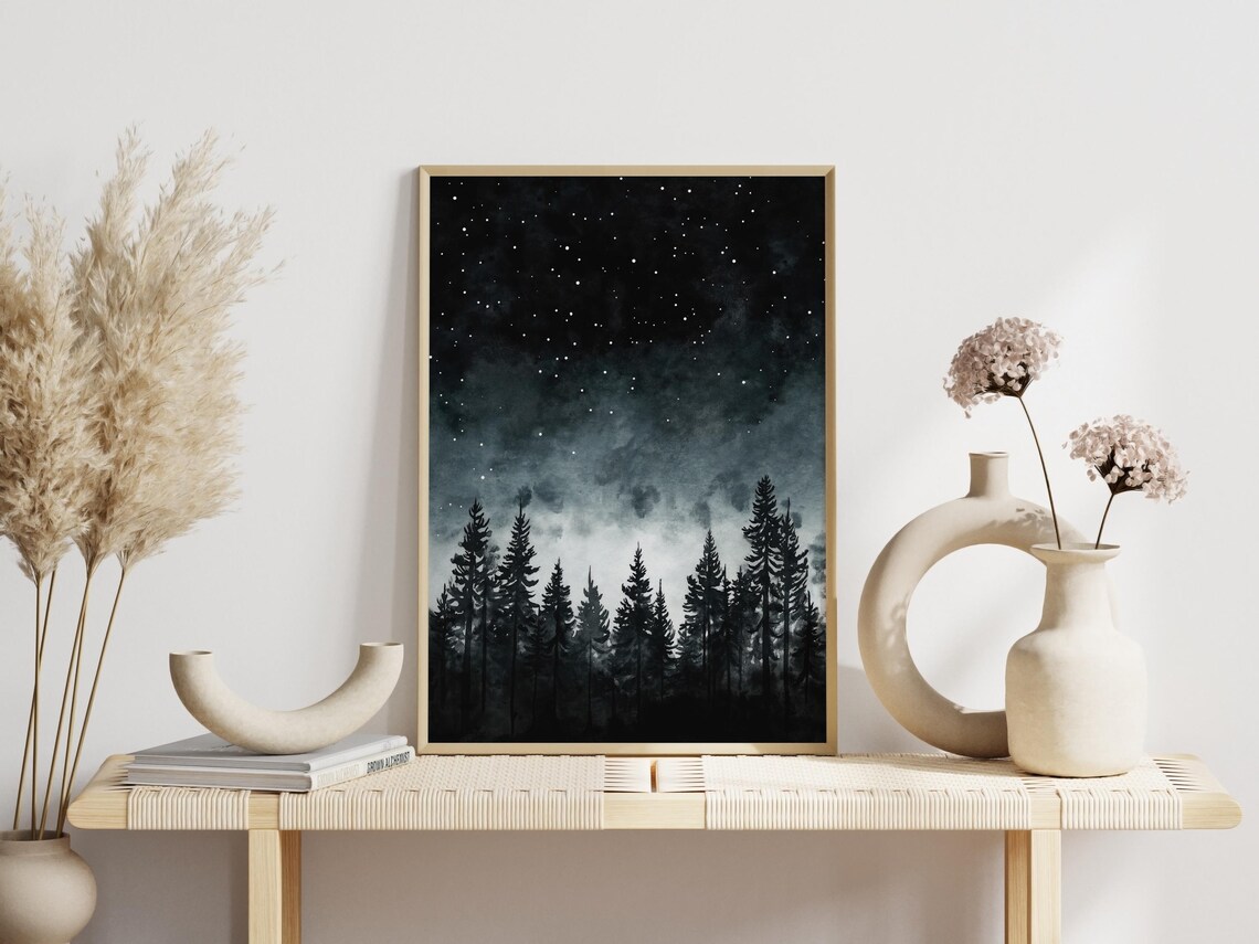 Nordic Forest Poster, Dark Night Trees and Stars