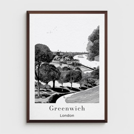 Greenwich London Black and White Fine Line River View Art Print