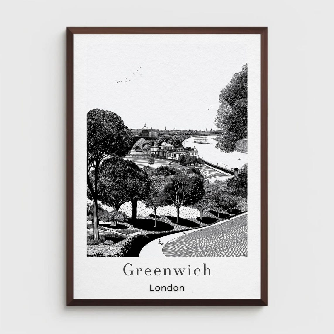 Greenwich London Black and White Fine Line River View Art Print