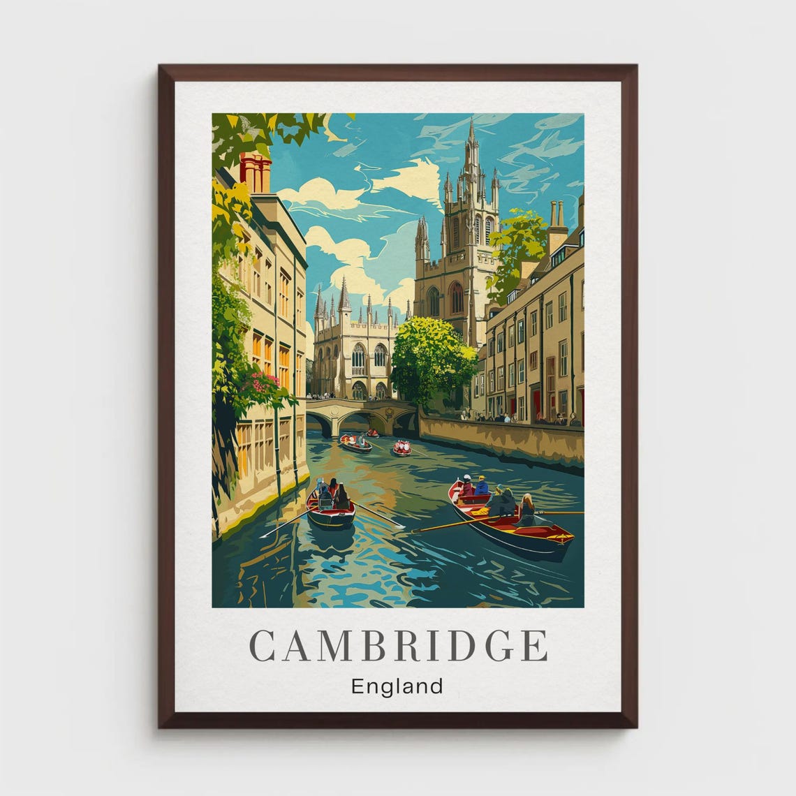 Cambridge England River Cam Punting Retro Travel Scene Poster
