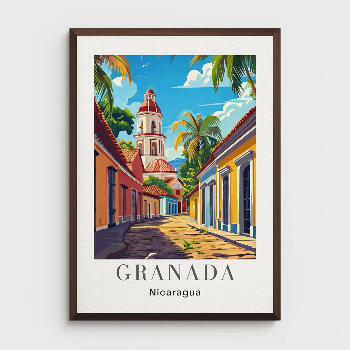 Granada Nicaragua Colonial Street Church Vintage Travel Poster