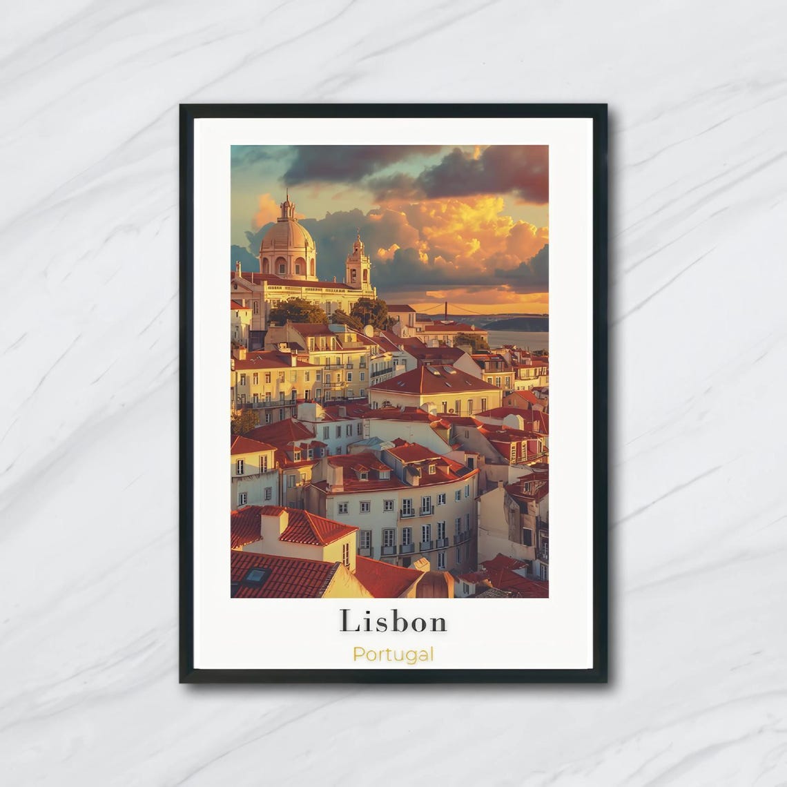 Vibrant Golden Lisbon Portugal Red Rooftops Sunset Travel Poster