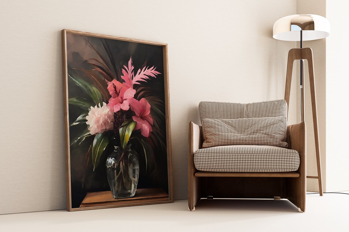 Pink Hibiscus Tropical Bouquet Glass Vase Dark Moody Painting Poster - Image 6