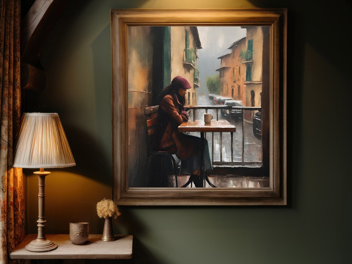 Woman with Coffee on Rainy Cafe Balcony Vintage City Street Wall Art - Image 2