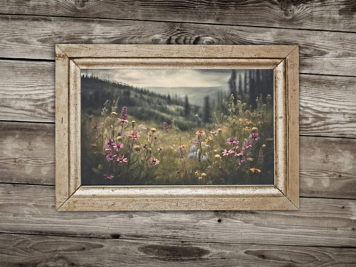Wildflower Meadow Before Forested Hills Moody Vintage Landscape Print - Image 3