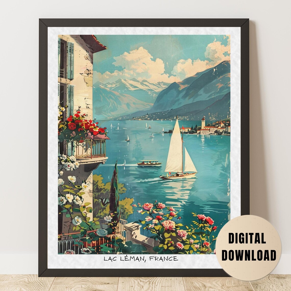 Lac Léman Sailboats Blooming Flowers France Vintage Travel Poster