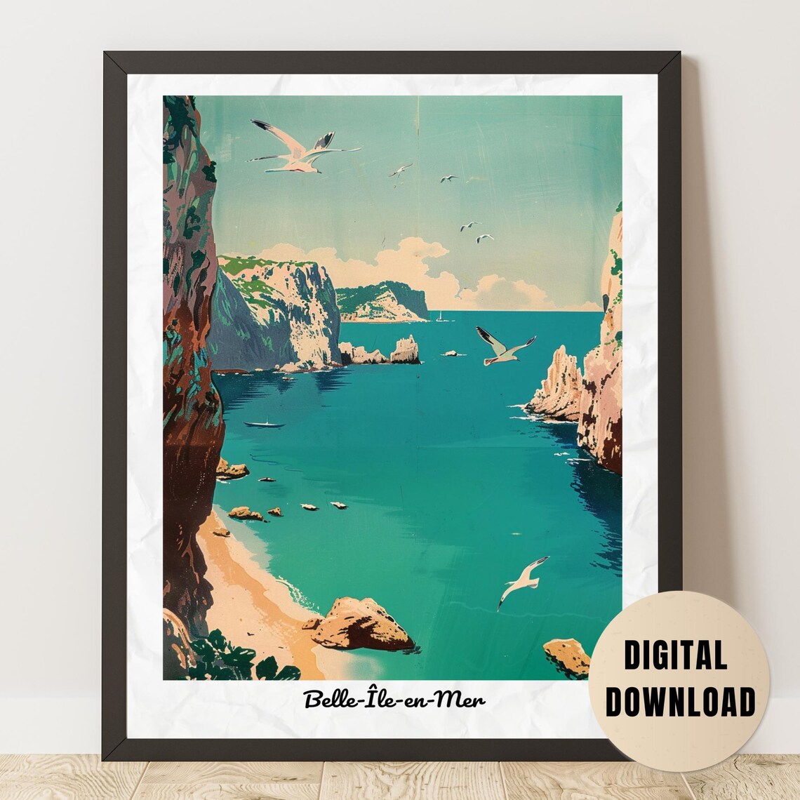 Belle-Île-en-Mer France Vintage Travel Poster Cliffs Seagulls Bay