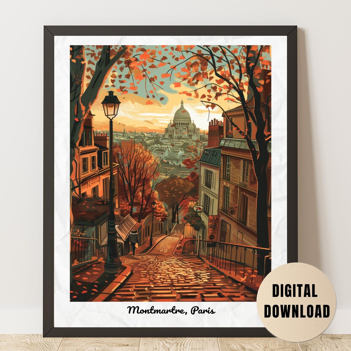 Montmartre Autumn Sunset Sacré-Cœur Paris Vintage Travel Poster