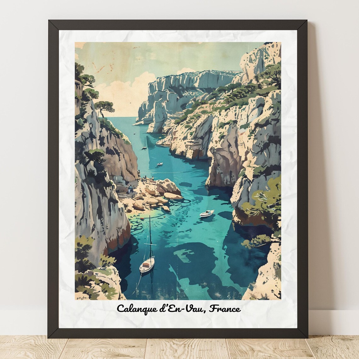 Calanque d'En-Vau France Vintage Travel Poster Limestone Cove Sailboat