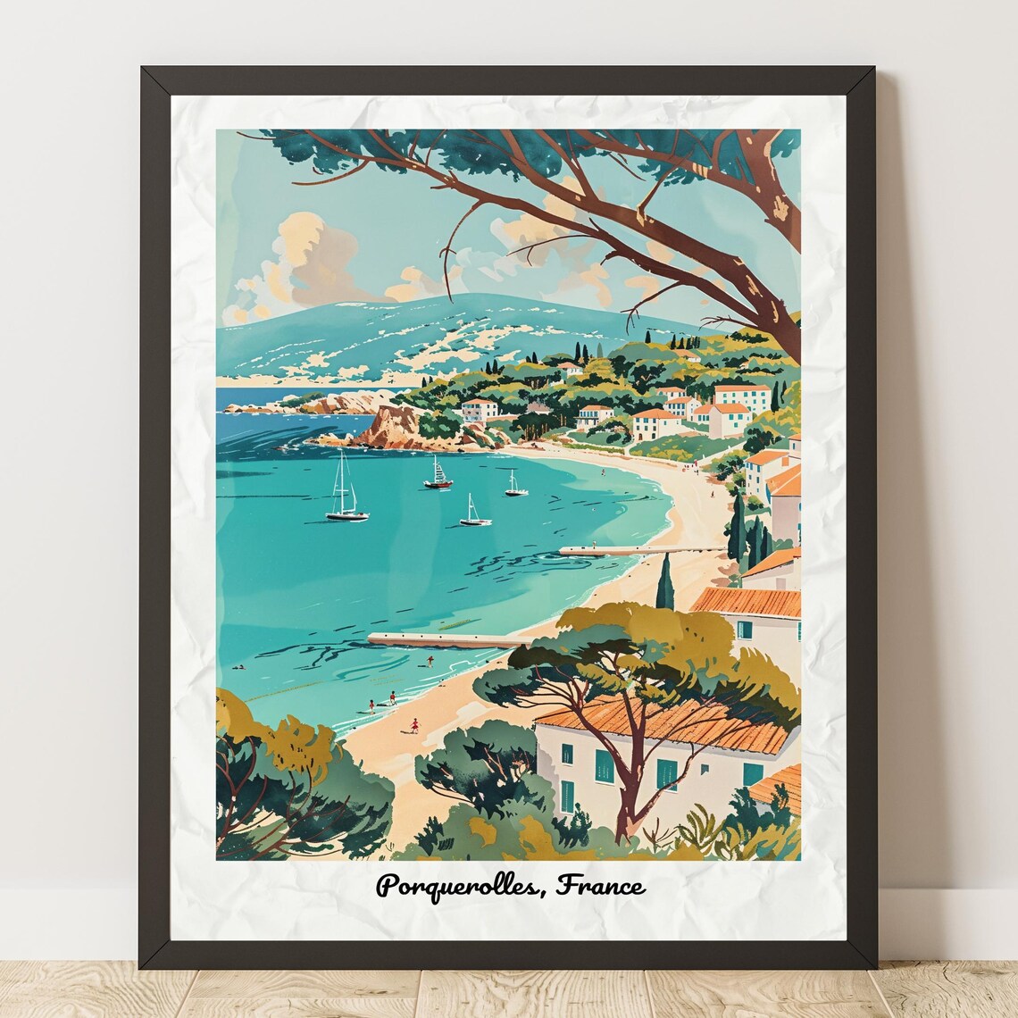 Porquerolles France Vintage Travel Poster Sandy Bay Sailboats
