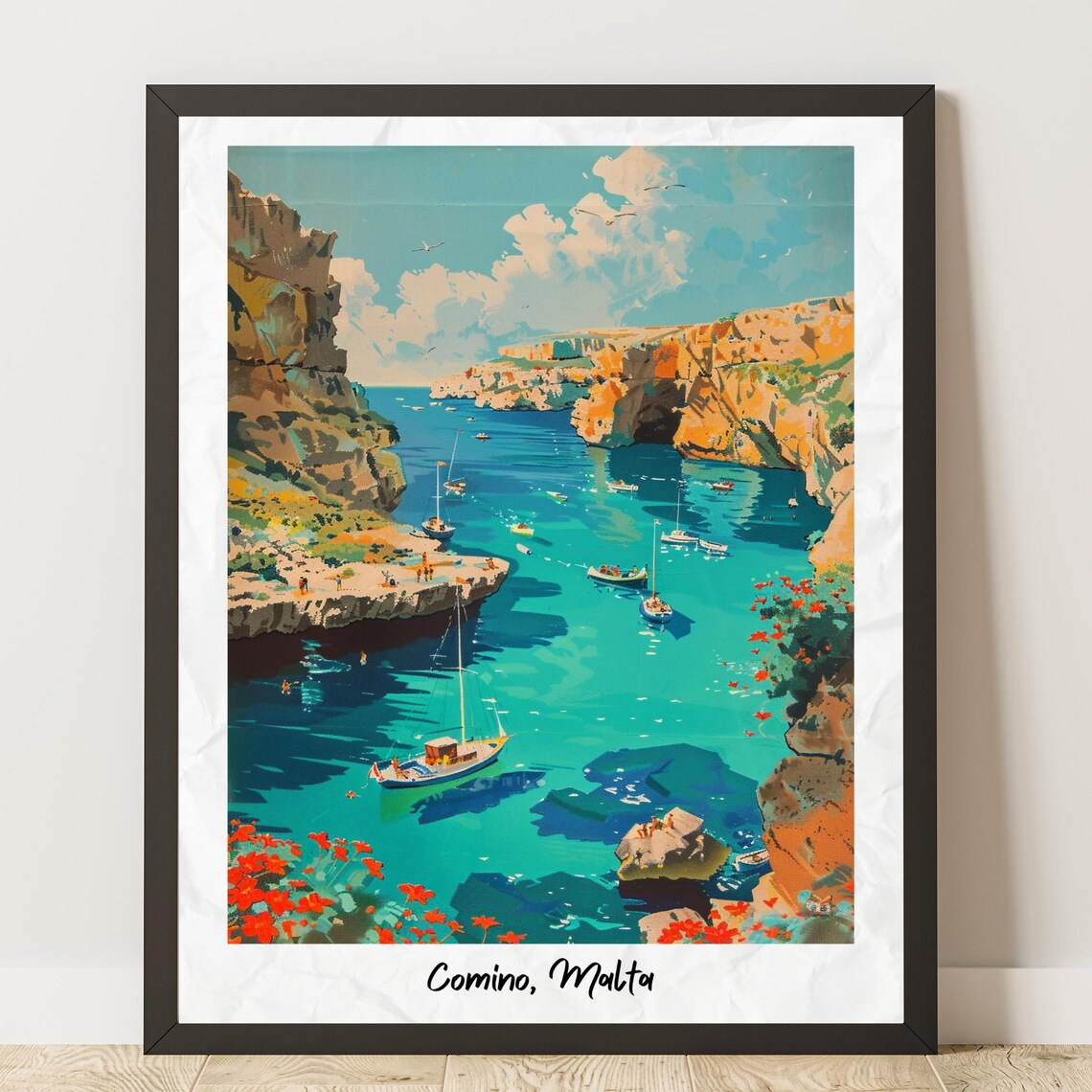 Comino Malta Turquoise Lagoon Sailboats Vintage Travel Poster