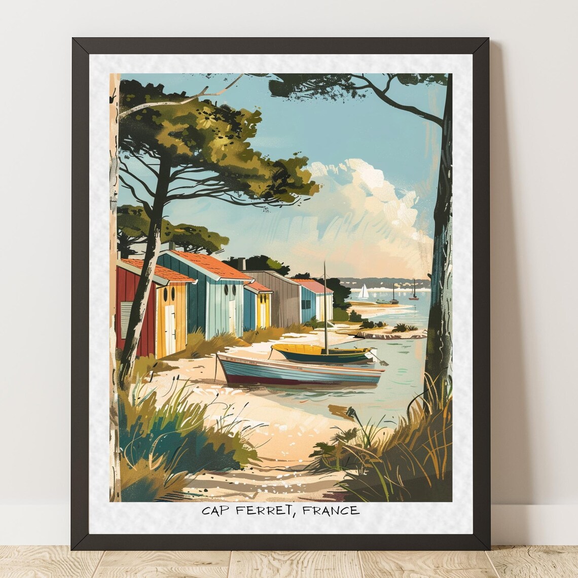 Cap Ferret Beach Cabins Rowboats Vintage French Coast Poster