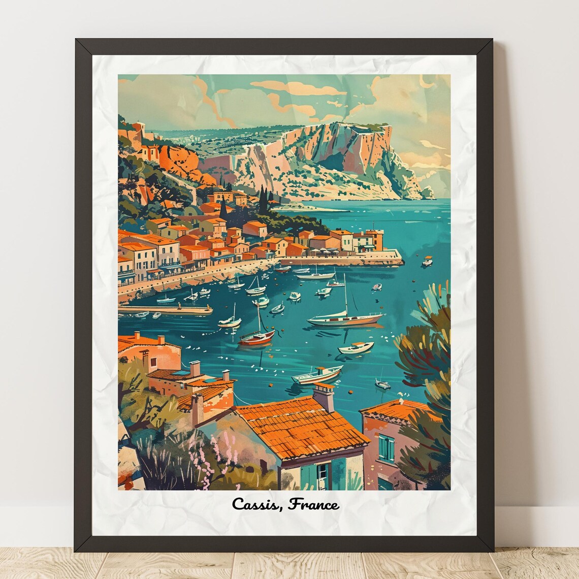Cassis France Vintage Style Travel Poster Harbor Boats and Cliffs