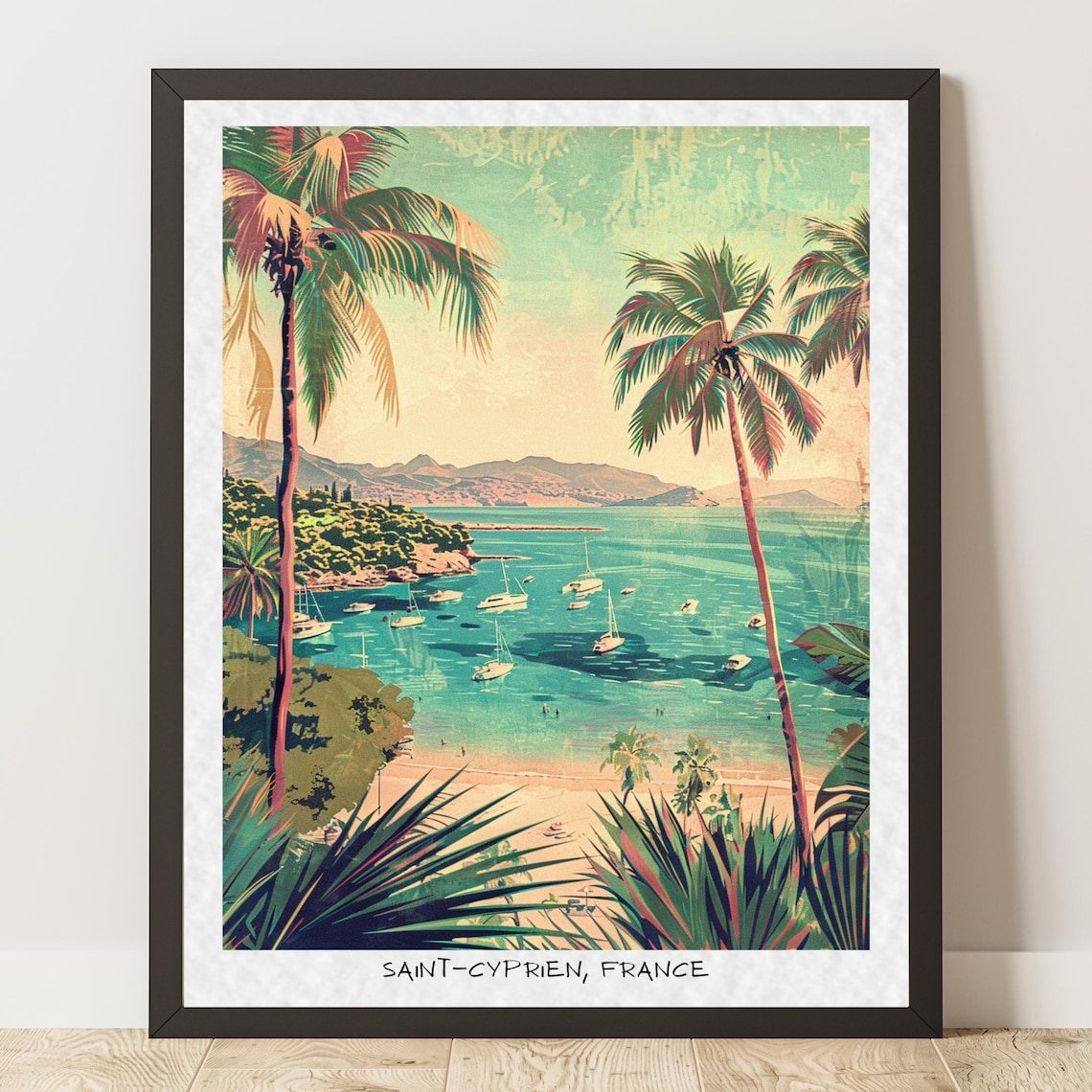 Saint-Cyprien France Palm Beach Sailboats Vintage Travel Poster