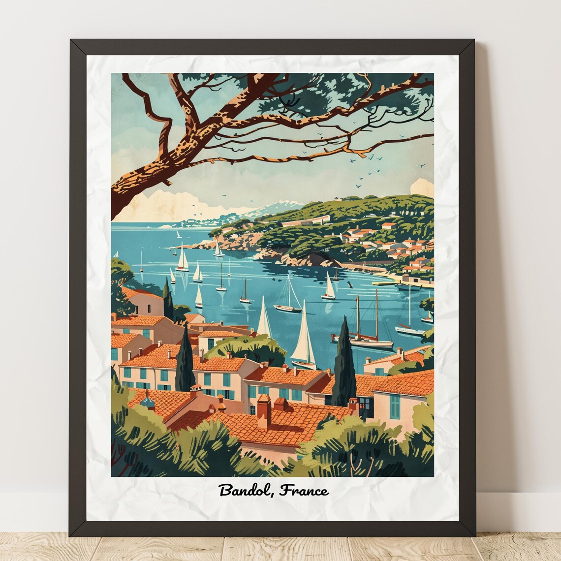 Bandol France Vintage Style Travel Poster with Sailboat Harbor