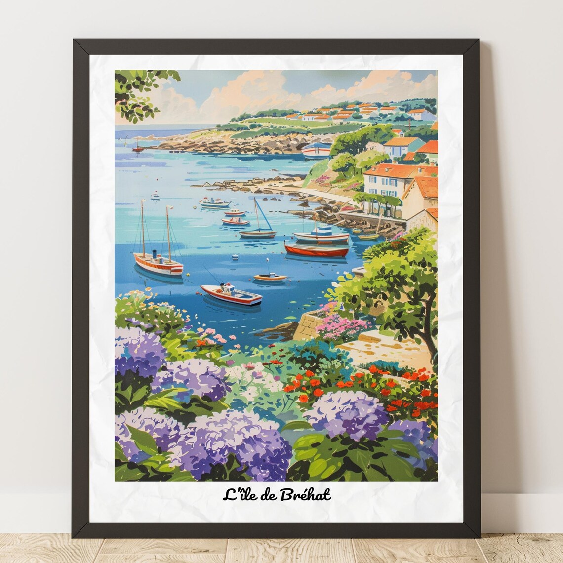 Île de Bréhat Harbor Boats Hydrangea Floral Vintage Travel Poster