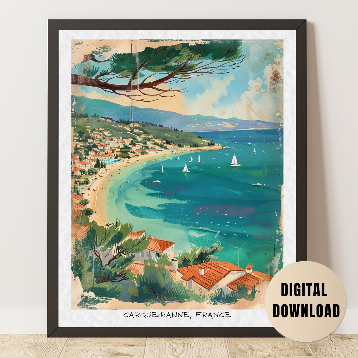 Carqueiranne France Vintage Travel Poster Hillside Town Sailboat Bay