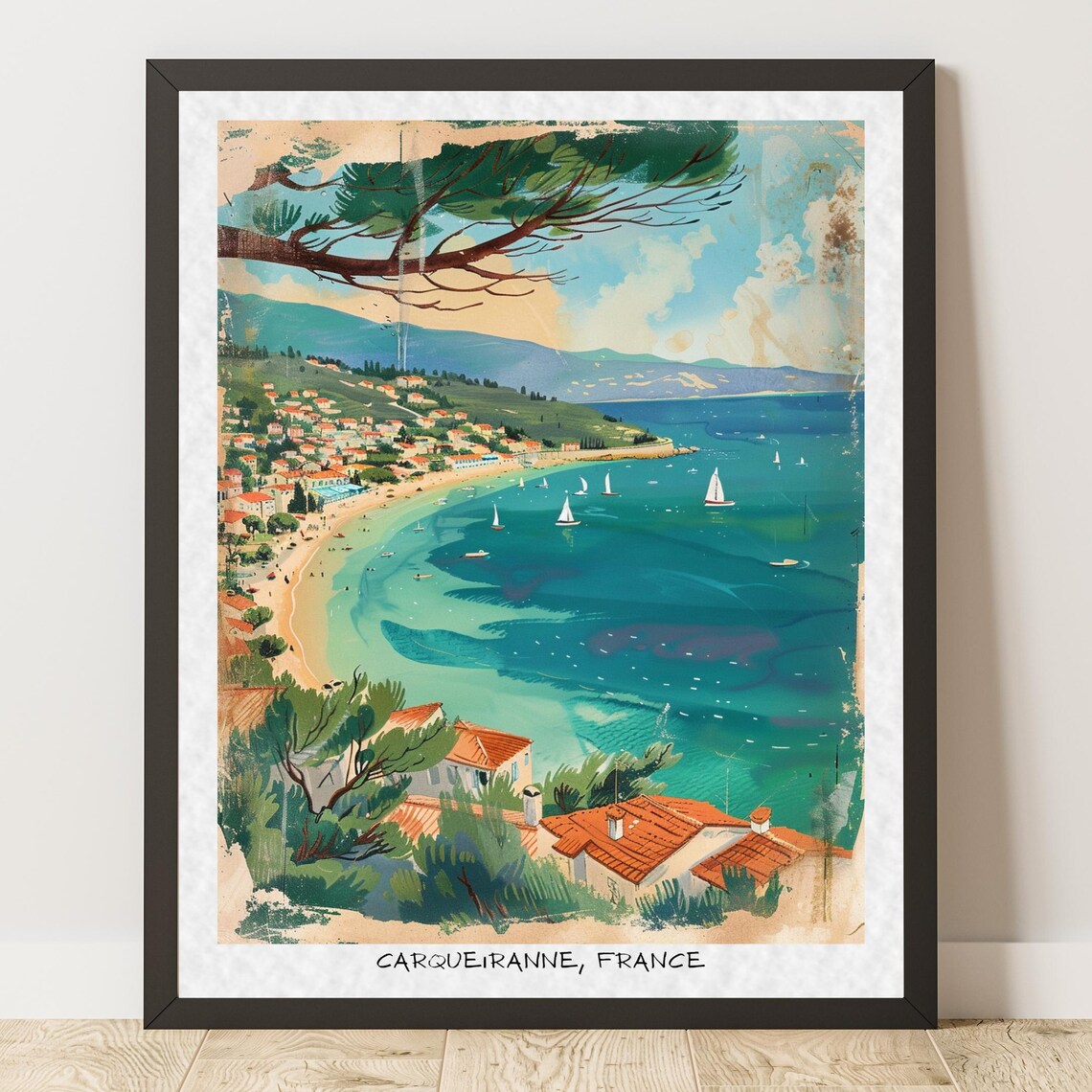 Carqueiranne Bay Sailboats Retro French Riviera Travel Poster