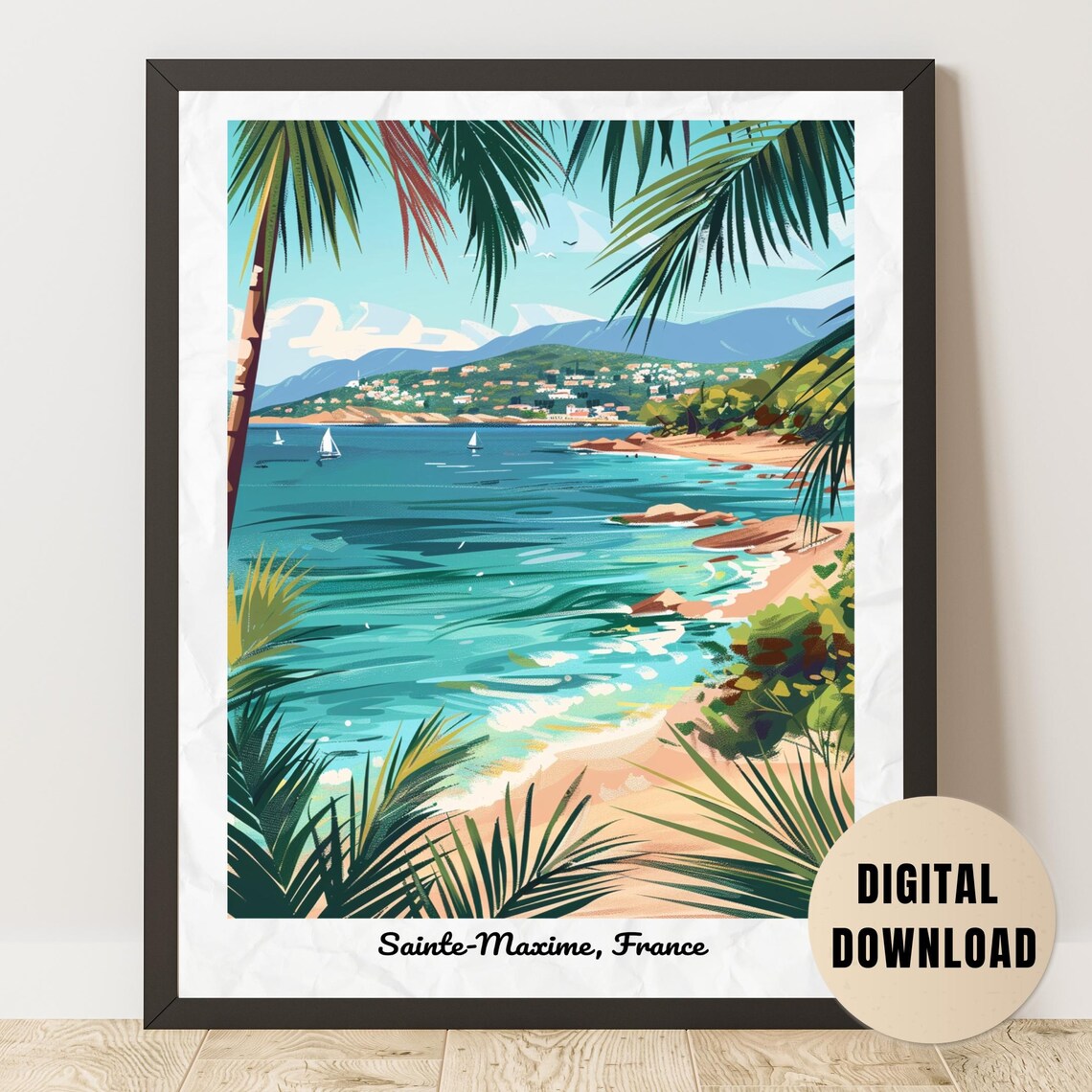 Sainte-Maxime France Vintage Travel Poster Palm Trees Beach Sailboats