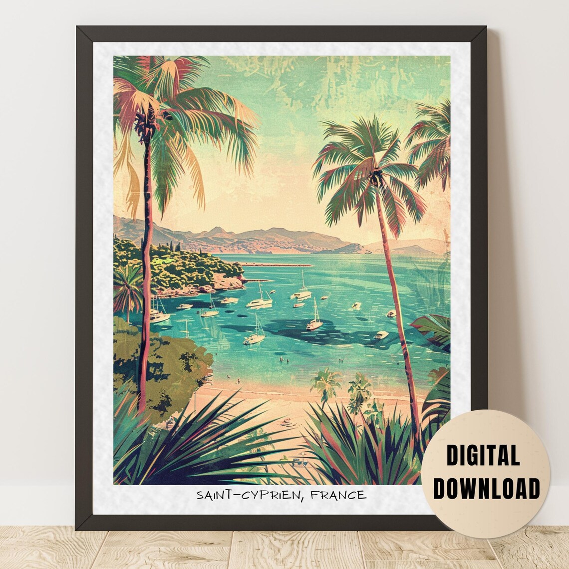 Saint-Cyprien France Vintage Travel Poster Palm Trees Sailboats Bay