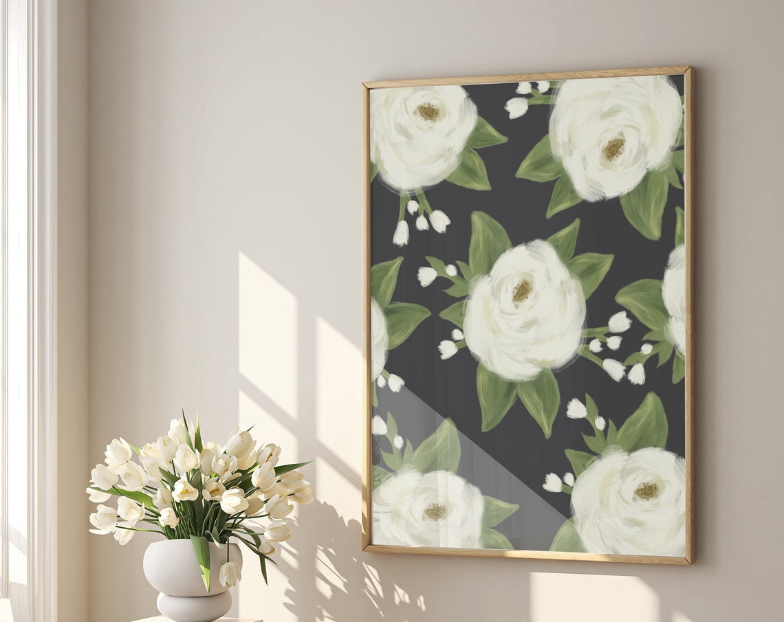 White Peony Floral Pattern Moody Black Background Elegant Flower Print - Image 4