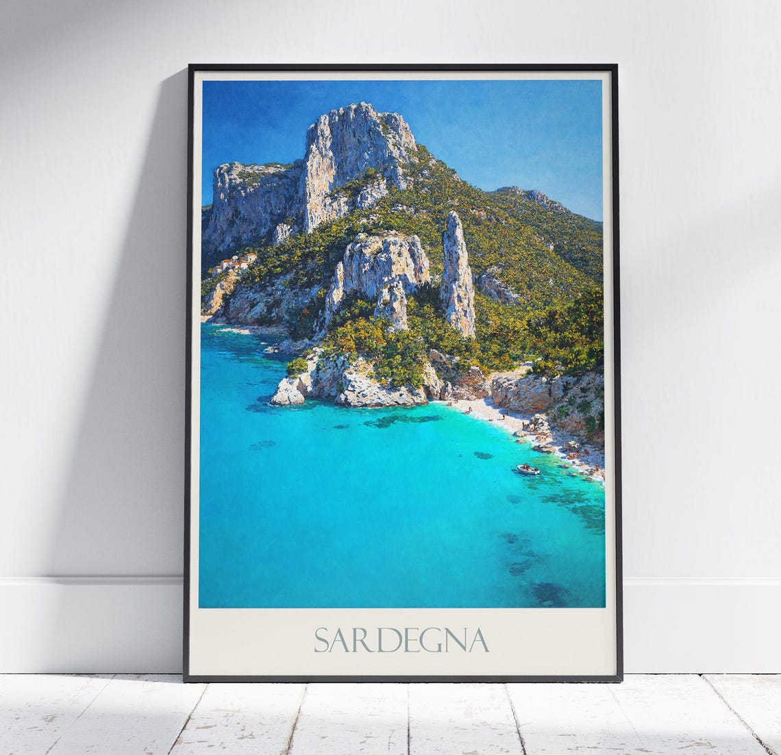 Sardegna Italy Dramatic Sea Cliffs Turquoise Water Travel Poster