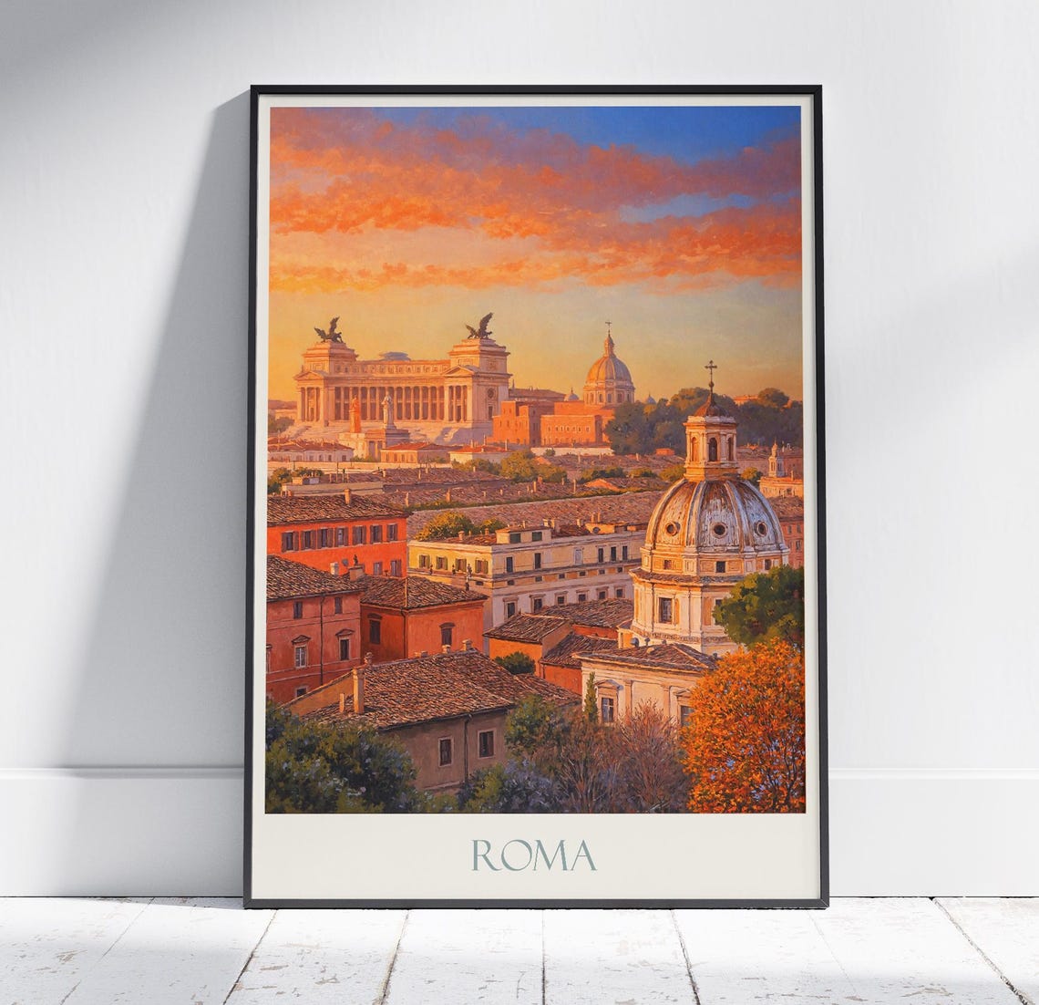 Roma Sunset Skyline Church Dome Vintage Italy Travel Poster Art