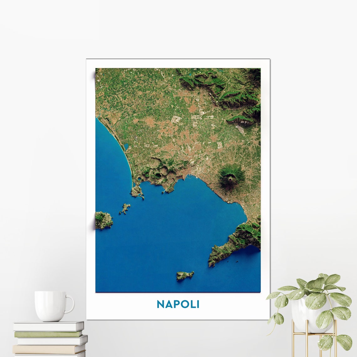 Naples Italy Bay Aerial Satellite Map Vesuvius Coast Modern Map Poster