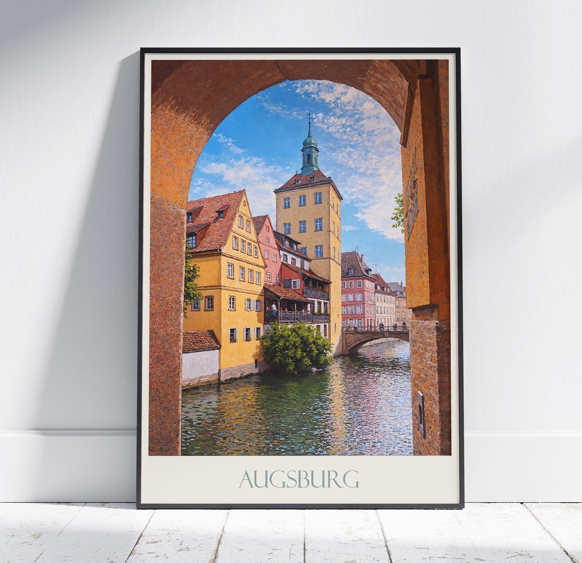 Augsburg Old Town River View Through Brick Arch Travel Poster